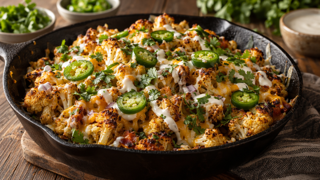 Spicy Cauliflower Nachos with melted cheese and jalapeños in a skillet