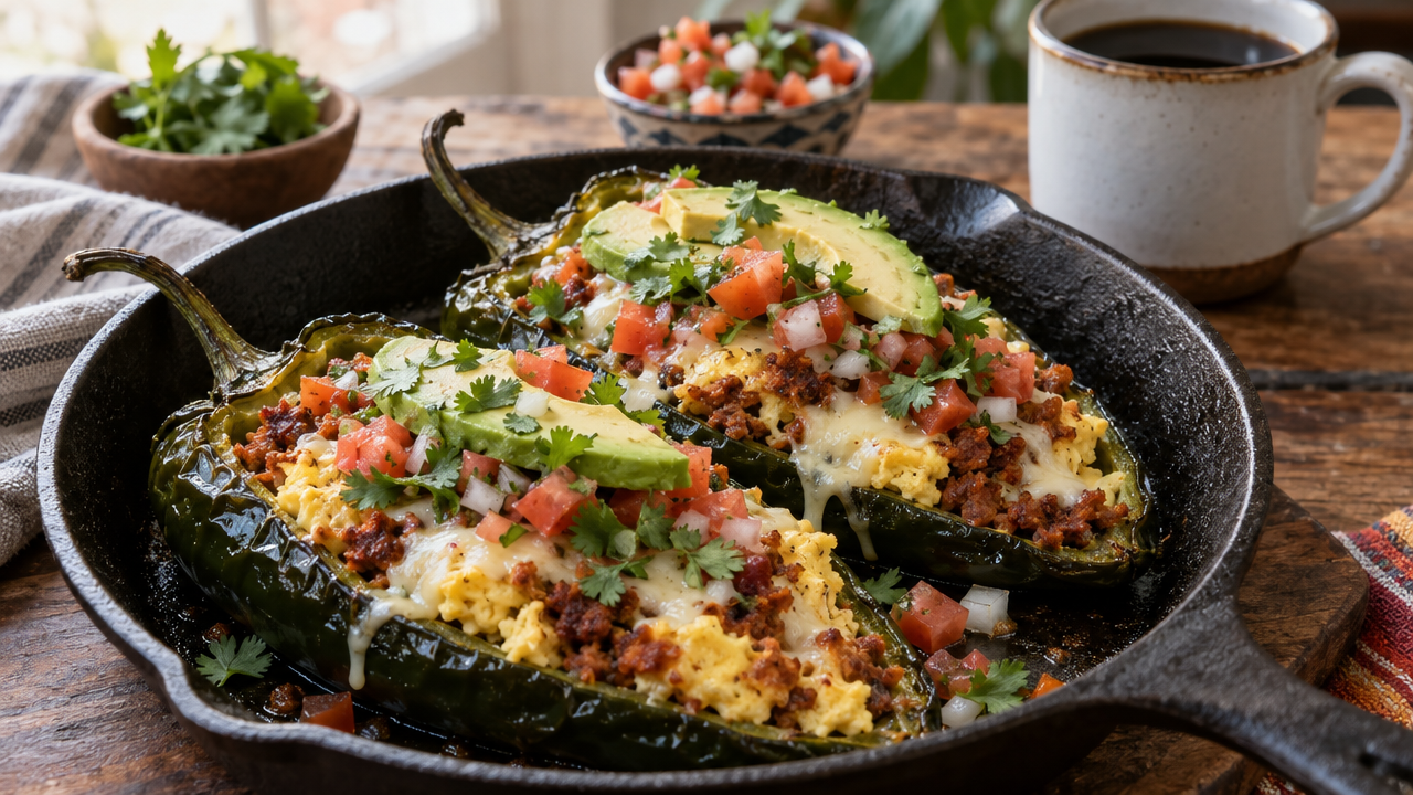 Stuffed Poblano Breakfast Boats, plated and ready to serve
