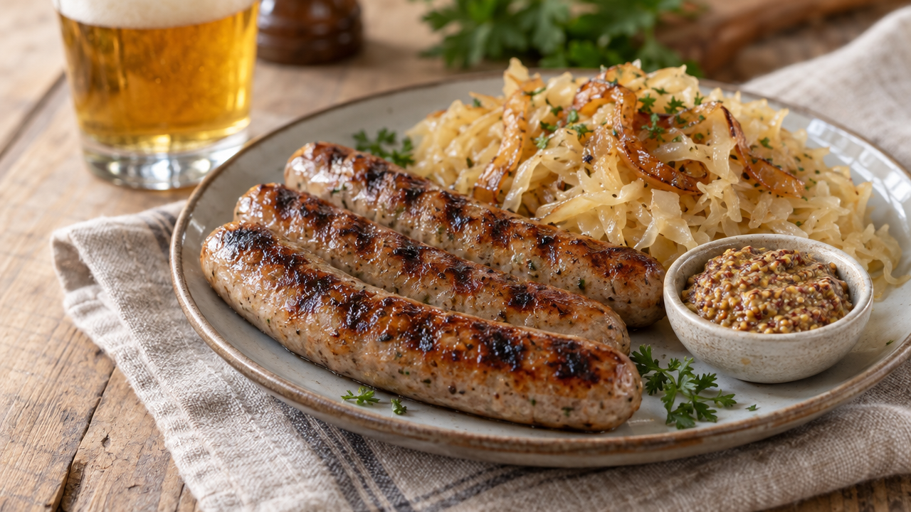 Thuringian Rostbratwurst Plate, plated and ready to serve
