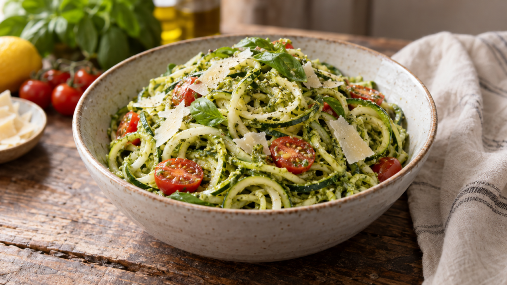 Zucchini noodle salad with pesto and tomatoes
